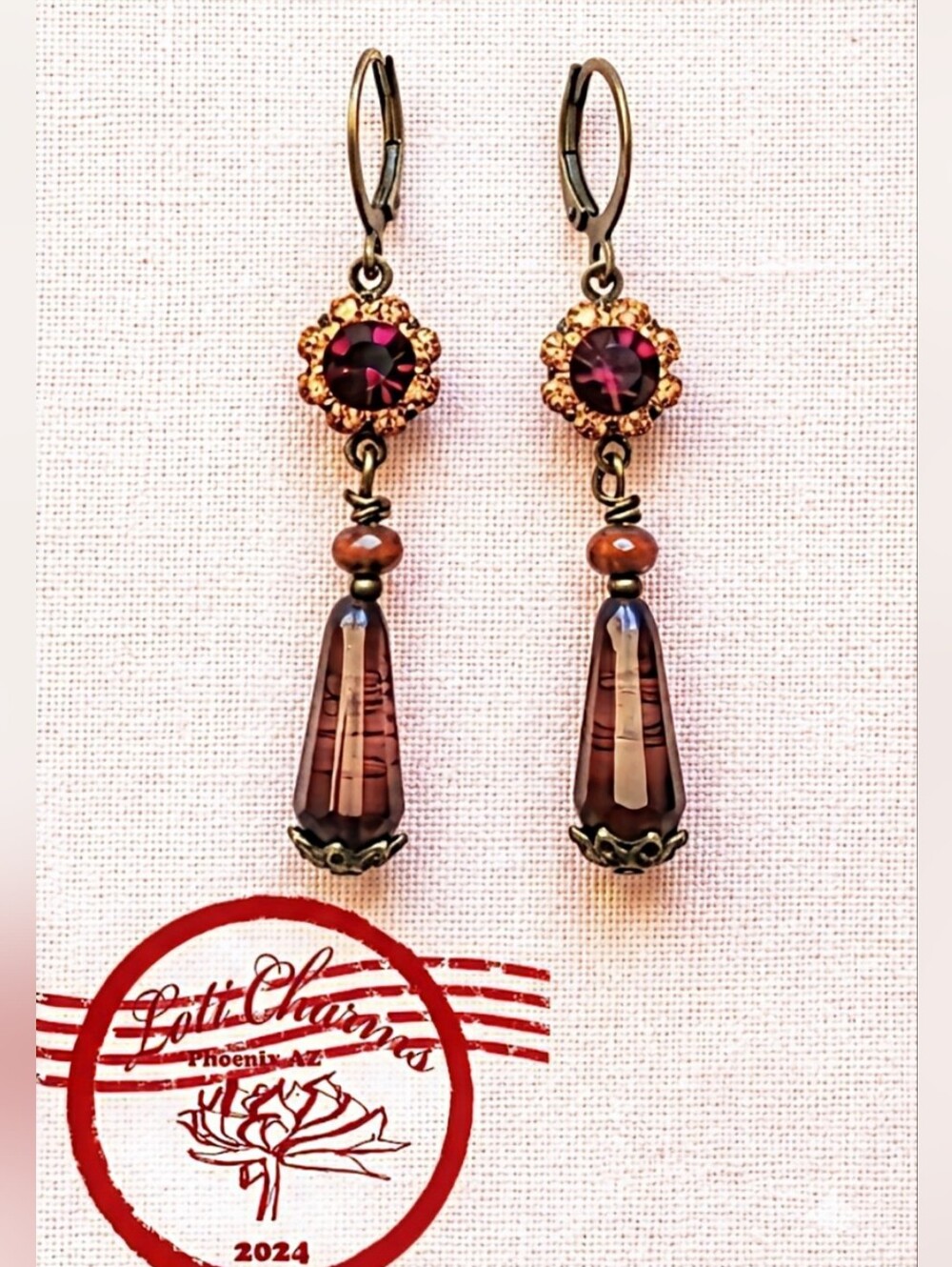 Victorian Deep Red Crystal Flower In Brass Necklace